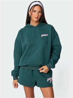 NWT Edikted So Sporty Women's Forest Green Hoodie with Pink Logo Medium